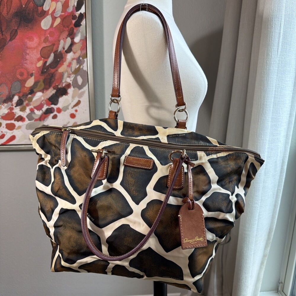 Dooney & Bourke Giraffe Print Canvas Tote Hobo Bag Brown Leather Trim Red Inside